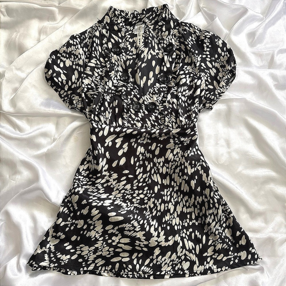 Heart Soul Black White Abstract Print Puff Sleeve Ruffle Neck Blouse Top Medium